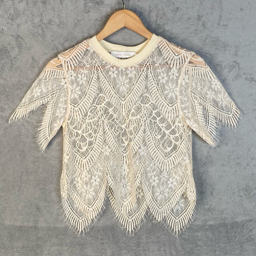Bishop + Young Shirt Women Small Lace Sheer Scalloped Top Cottagecore Fairycore